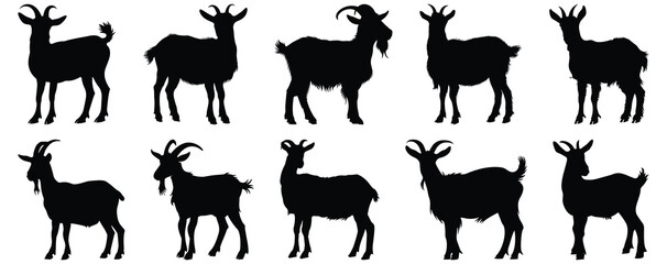 Goat silhouettes set, animal pack of vector silhouette design, isolated background