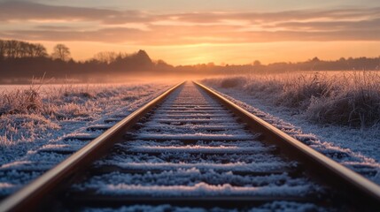 Railway tracks covered in early morning frost, with a light layer of fog and a soft glow from the rising sun.