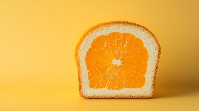 Slice of bread with orange fruit interior on yellow background, creative food concept