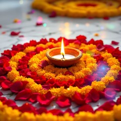 Vibrant Flower Rangoli with Marigold and Rose Petals Featuring Glowing Diwali Diya on White Background – High-Resolution Stock Photo