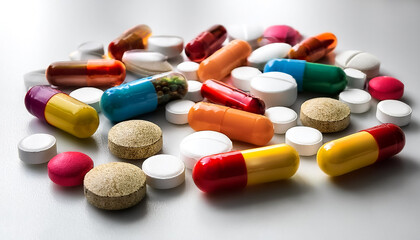 medicine or supplements such as capsules or tablets placed on a white surface