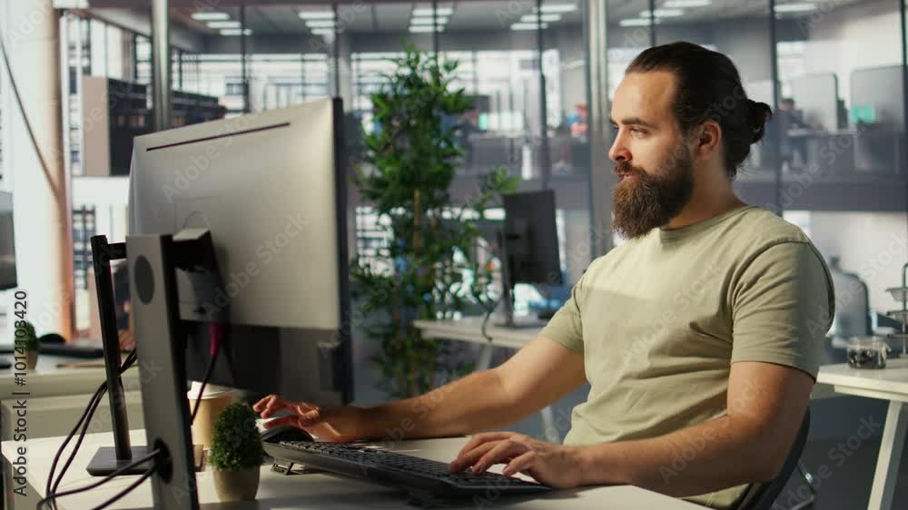 Poster meticulous staff member imputing data on computer in office. adept worker at desk focused on typing 