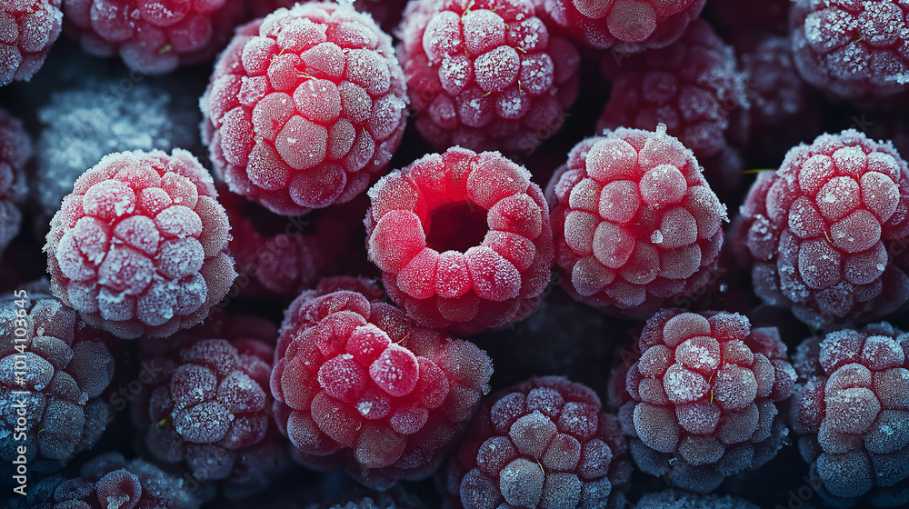 Poster Frozen raspberries covered with ice crystals creating textured background
