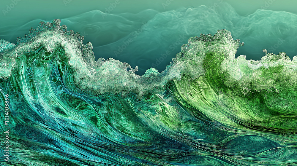 Poster abstract green wave forming and breaking in ocean with mountains in background