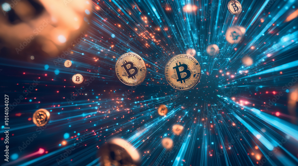 Poster Bitcoin cryptocurrency coins exploding from center on blue digital background