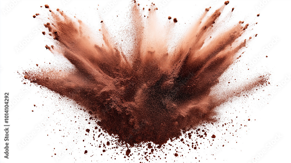 Poster Brown powder exploding on white background creating an energetic burst