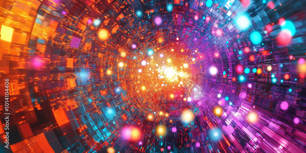 Poster bright light particles traveling through futuristic tunnel vj loop background