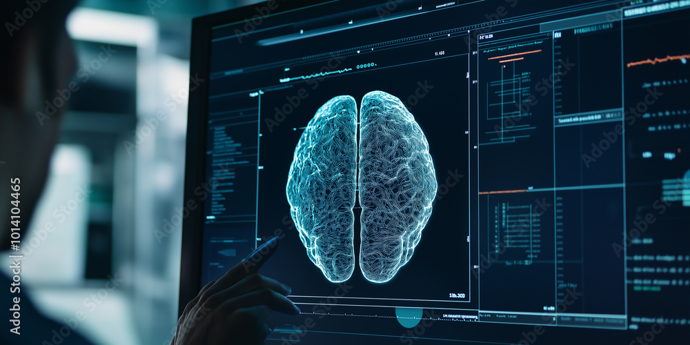 Fototapete Neuroscientist is analyzing a digital brain scan displayed on a computer screen