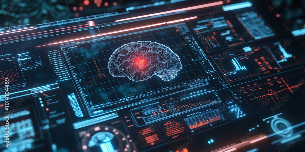 Poster Artificial intelligence is analyzing human brain using futuristic interface