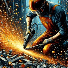 A bearded craftsman operates a large metalworking machine, with sparks flying around him in an industrial workshop, showcasing precision, power, and technology.
