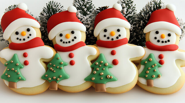 Four smiling snowman cookies holding christmas trees are lying on white background