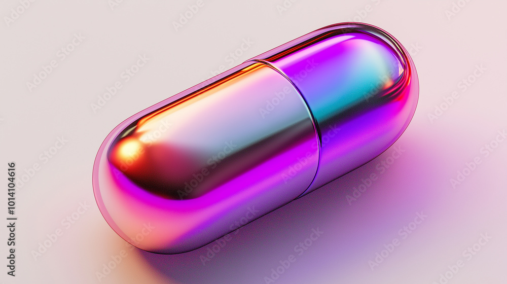 Poster iridescent chrome capsule lying on a reflective surface