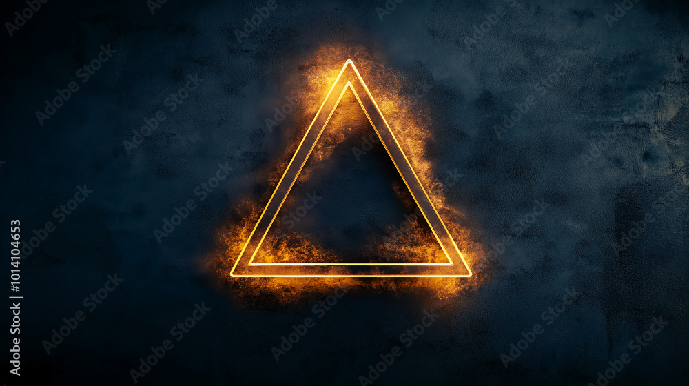 Poster bright neon triangular frame is glowing in front of a dark wall
