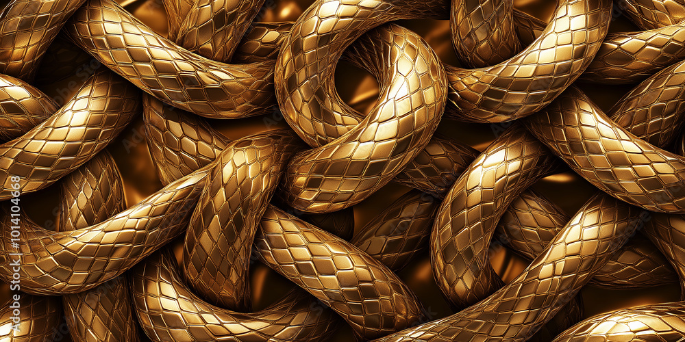 Poster intertwined golden snakes creating an elegant reptile texture