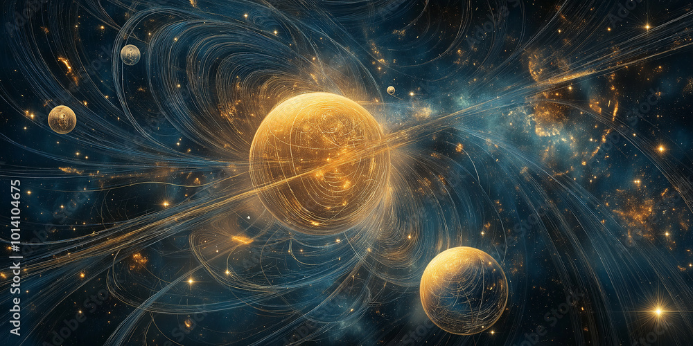 Aufkleber golden planets are orbiting around a star creating a magnetic field