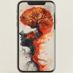 A striking blend of human silhouette and vibrant tree-like imagery emerges from a smartphone screen, symbolizing the connection between nature and emotion at dusk, evoking deep contemplation.
