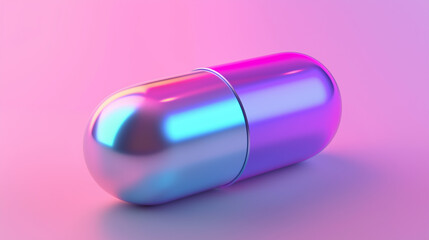 Futuristic holographic pill is laying on a pink surface