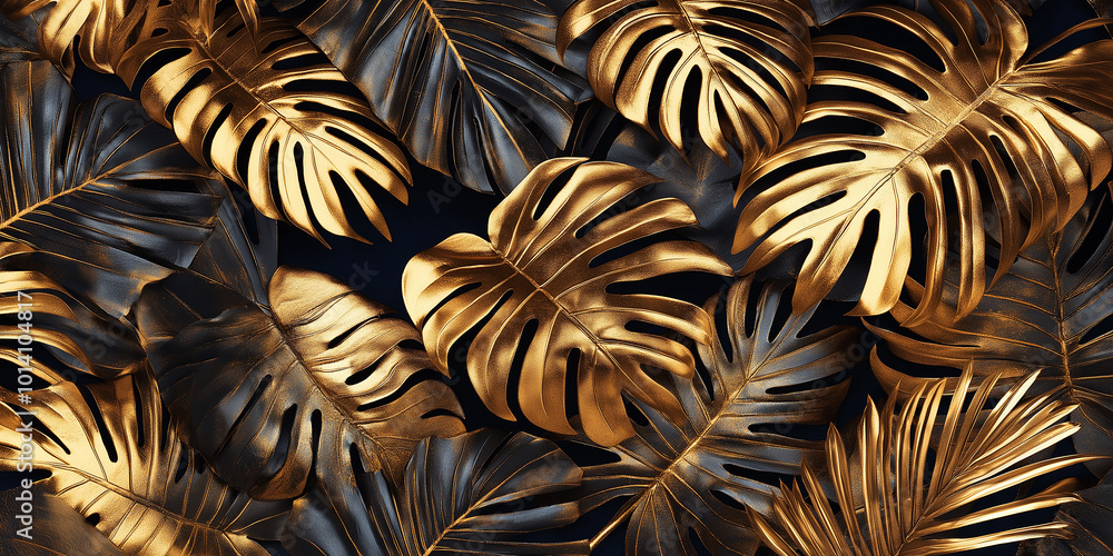 Poster golden and black monstera leaves overlapping creating abstract pattern