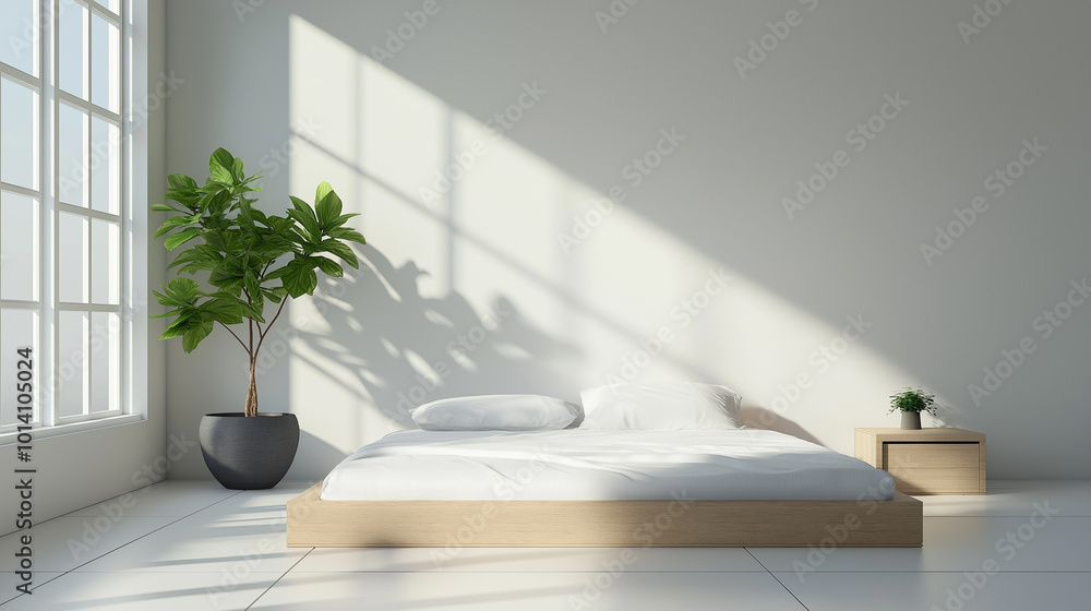 Poster sun shining through window in minimalist style bedroom
