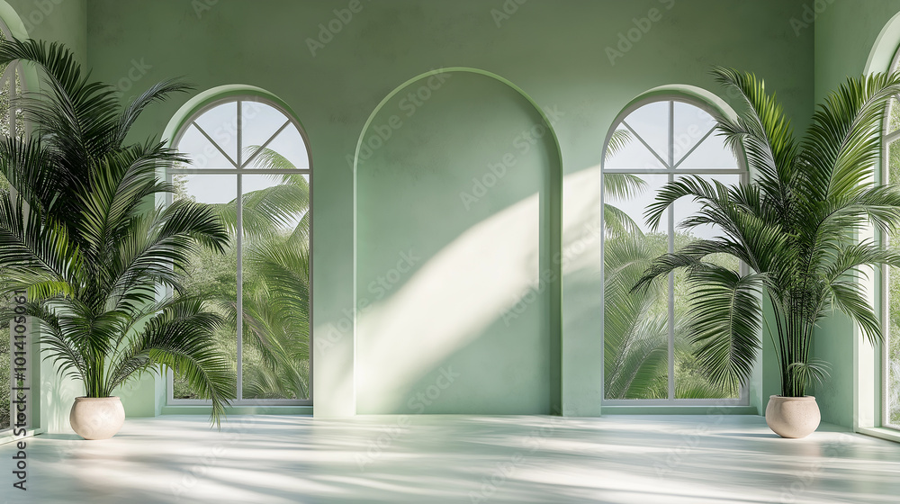 Poster empty room with arched windows showing palm trees is bathed in sunlight
