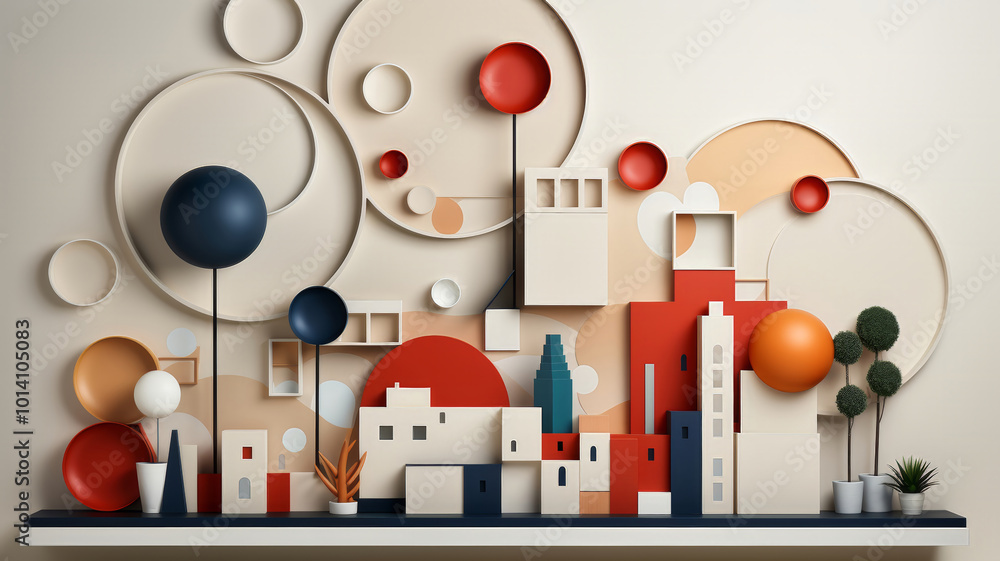 Aufkleber a stunning mural blends vibrant shapes and colors, reminiscent of a lively cityscape. rounded forms 