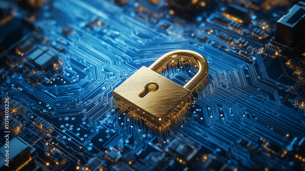 Poster Golden padlock resting on computer circuit board symbolizing cybersecurity