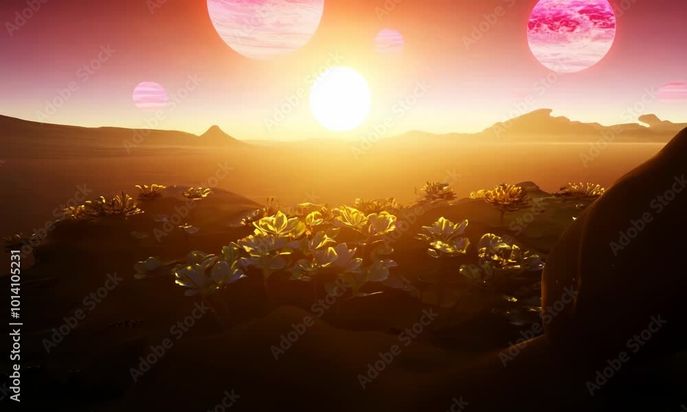 Poster golden hour on a distant planet with multiple suns in the sky. video