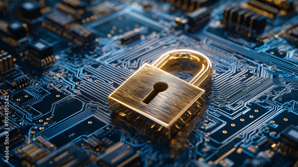 Aufkleber golden padlock resting on circuit board symbolizing cybersecurity