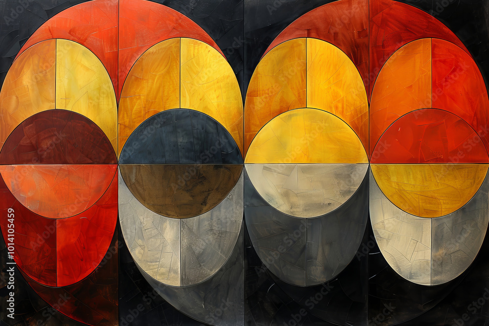 Poster bold geometric forms merge in harmonious tones of red, yellow, and gray, creating a dynamic composit