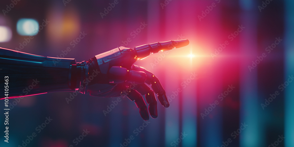 Poster Robot hand pointing with index finger touching light