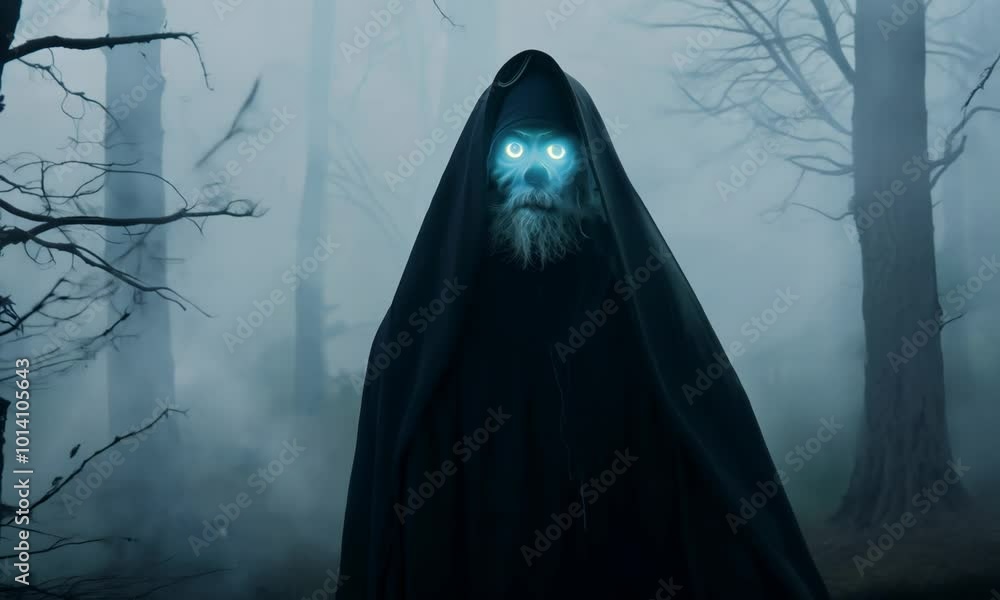 Poster man with a beard and a hooded robe is standing in a forest. the man has glowing eyes and is surround