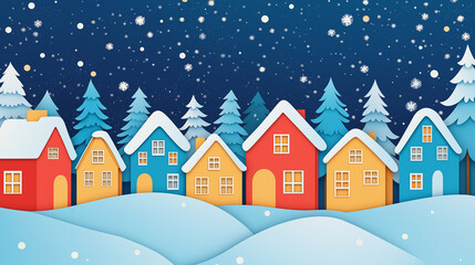 Fototapeta premium Snow falling on colorful paper cut houses in winter wonderland at night