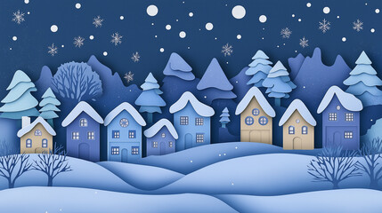 Fototapeta premium Paper cut landscape showing winter wonderland with snow falling on houses at night