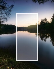 Tranquil lakeside at twilight with tree reflections creating a serene atmosphere. Generative AI