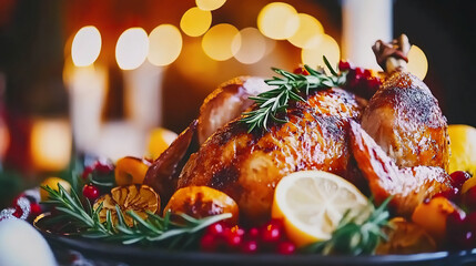 Christmas roast turkey served with fresh herbs and lemon slices. AI-generated.
