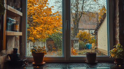 Pots with flowers on window sill, autumn landscape with yellowed trees outside the window with...