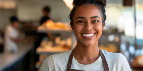 Young Latina bakery worker smiling at the camera