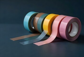 adhesive sticky tapes of different widths and colors positioned on a dark background, with a soft light creating a gradient effect across the scene create with ai