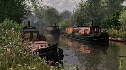 Obraz premium Tranquil Canal Scene with Boats and Lush Greenery