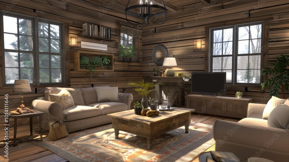 Poster Cozy Cabin Living Room with Natural Decor