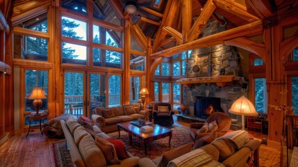 Cozy Rustic Cabin Living Room with Large Windows