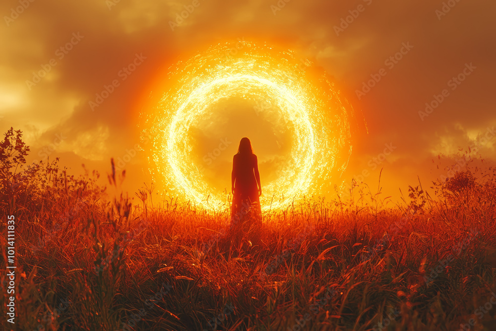 Poster sun rays creating a golden halo around a person standing in a field, representing warmth and energy.