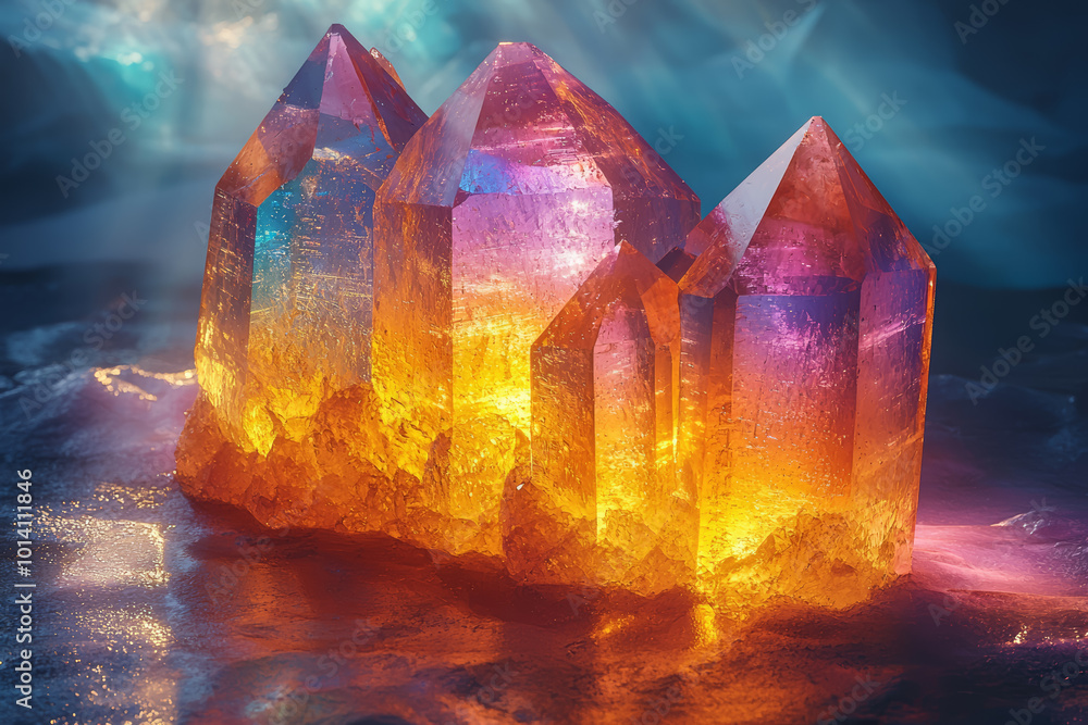 Poster light shining through a crystal, breaking into a spectrum of colors on the surface below. concept of
