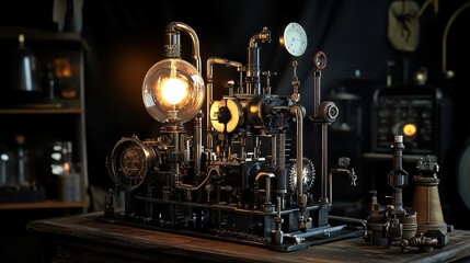 Fototapeta premium Steampunk Lamp: A Futuristic Machine with Gears and Pipes