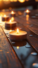 Lit tealight candles on wooden table.