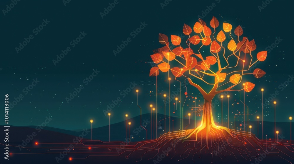 Poster digital tree with colorful leaves and circuit design