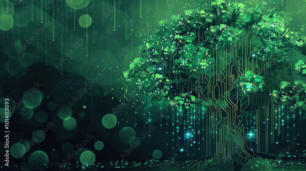 Poster digital tree with green circuitry and bokeh effect