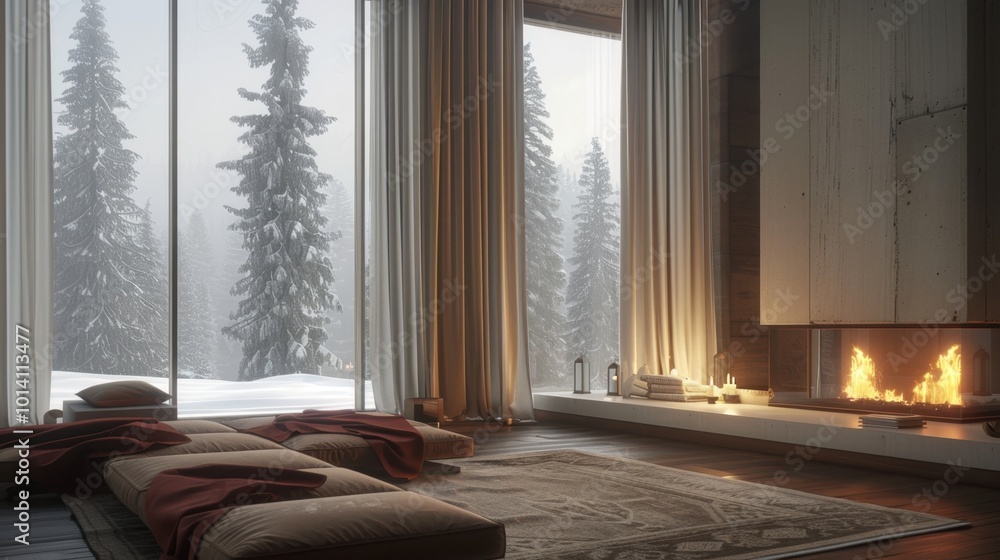 Canvas Prints Cozy Winter Retreat with Scenic View and Fireplace