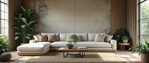 Sofa in room with grunge stucco wall and much grernery. Biophilic interior design of modern living room.