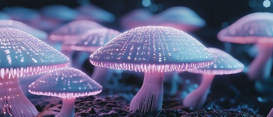 Futuristic visualization of fungal communication networks, data-like streams